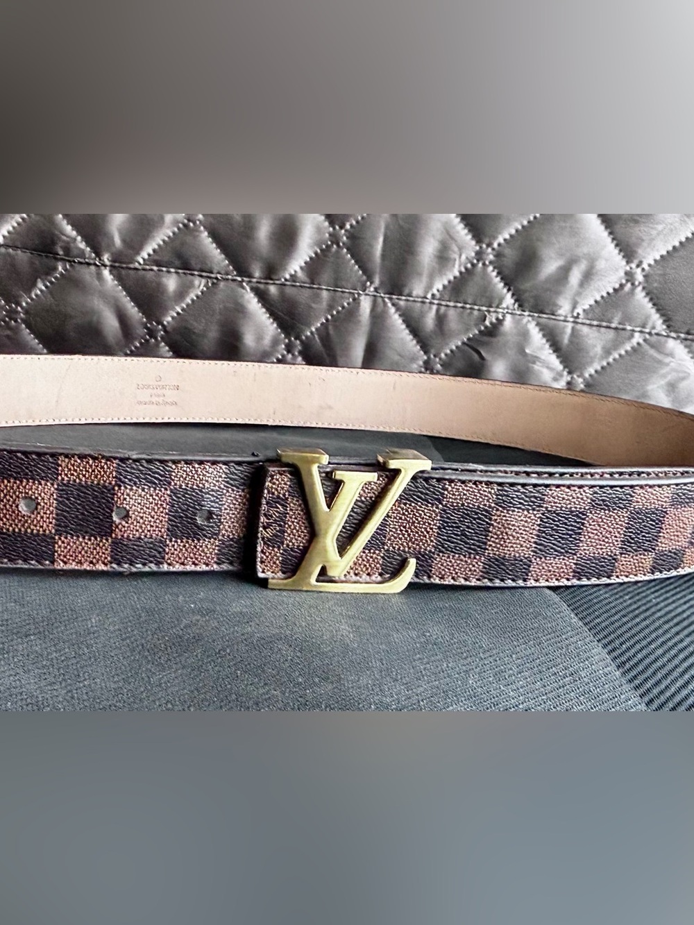 Louis Vuitton Style Brown Damier Canvas Belt with Gold LV Buckle